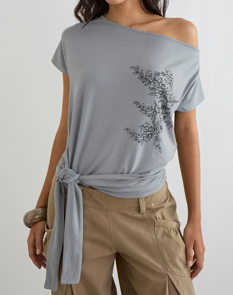 Haut « Lola » à nouer à la taille, motif floral artistique gris