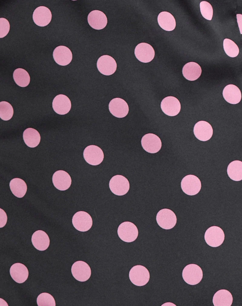 Top Asena en satin noir parsemé de pois roses