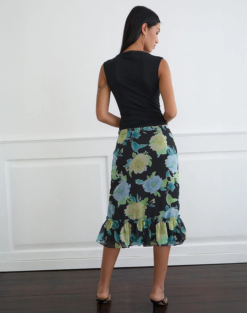 Jupe midi Tarla en mousseline noire avec imprimé fleurs en cristal