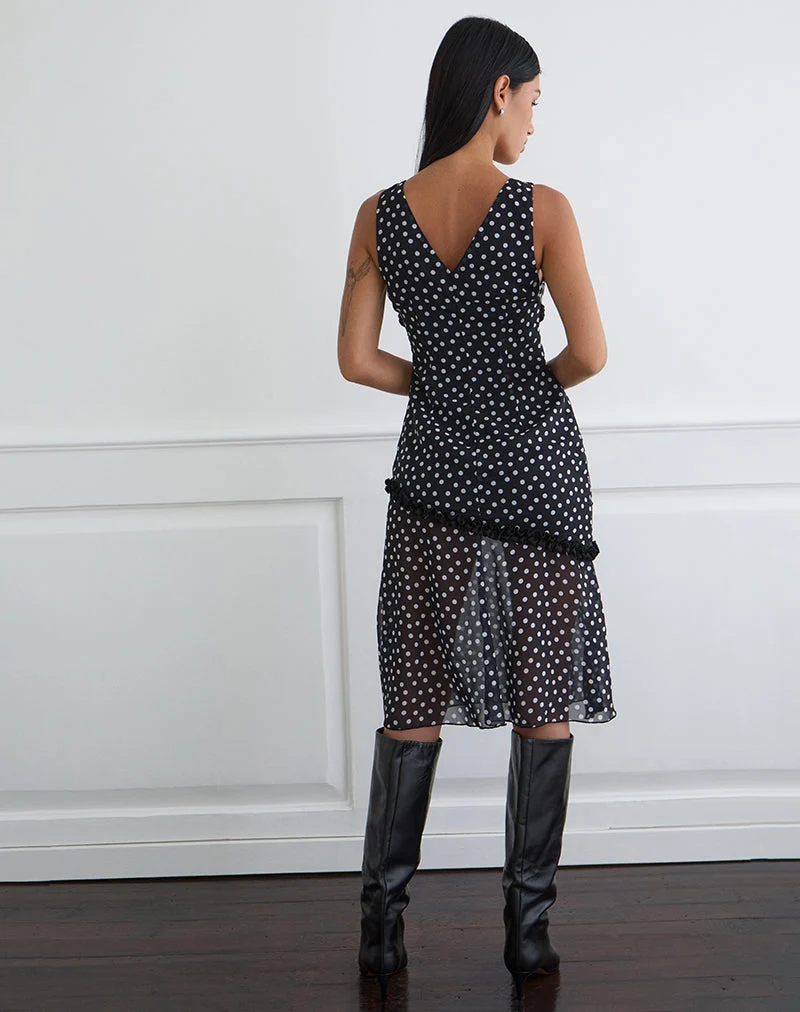 Robe midi Sovira en mousseline noire à petits pois