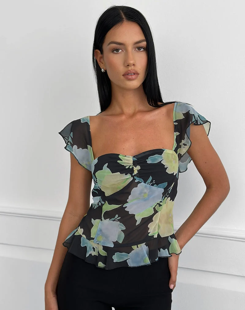 Top Selita en mousseline noire avec imprimé fleurs en cristal