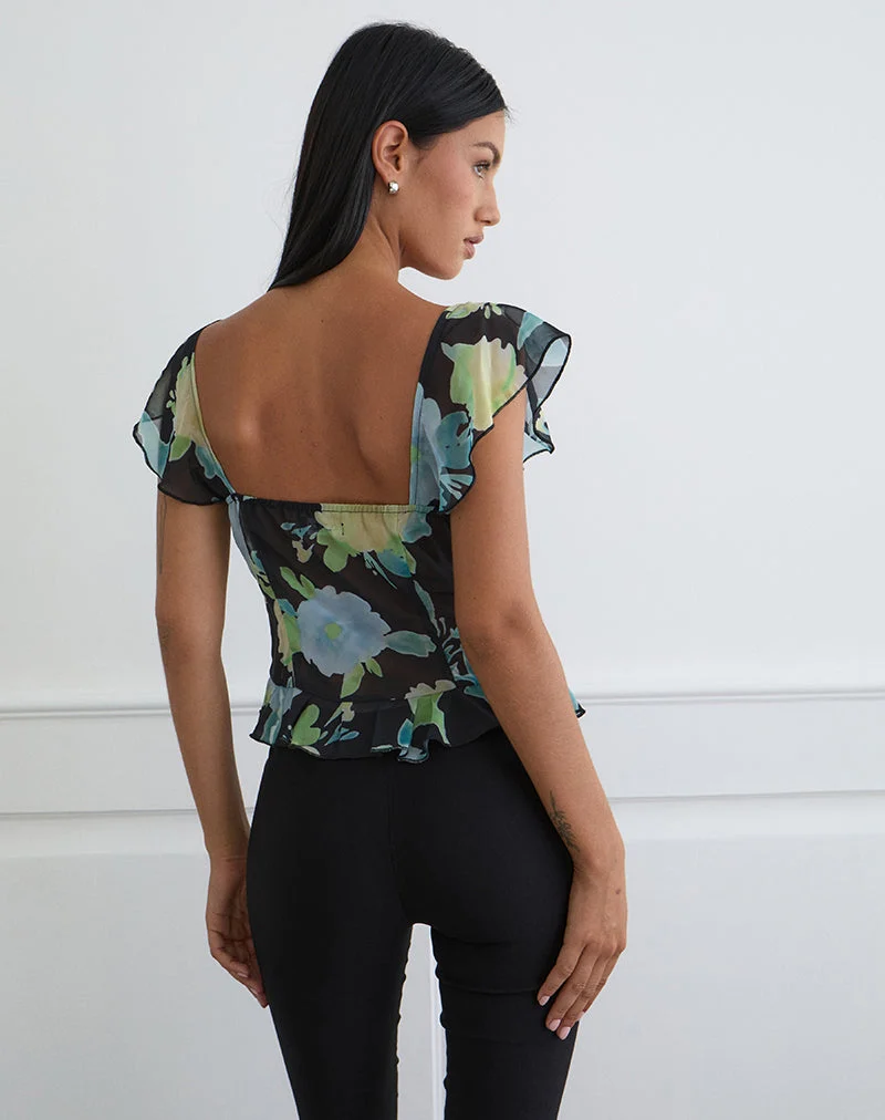 Top Selita en mousseline noire avec imprimé fleurs en cristal