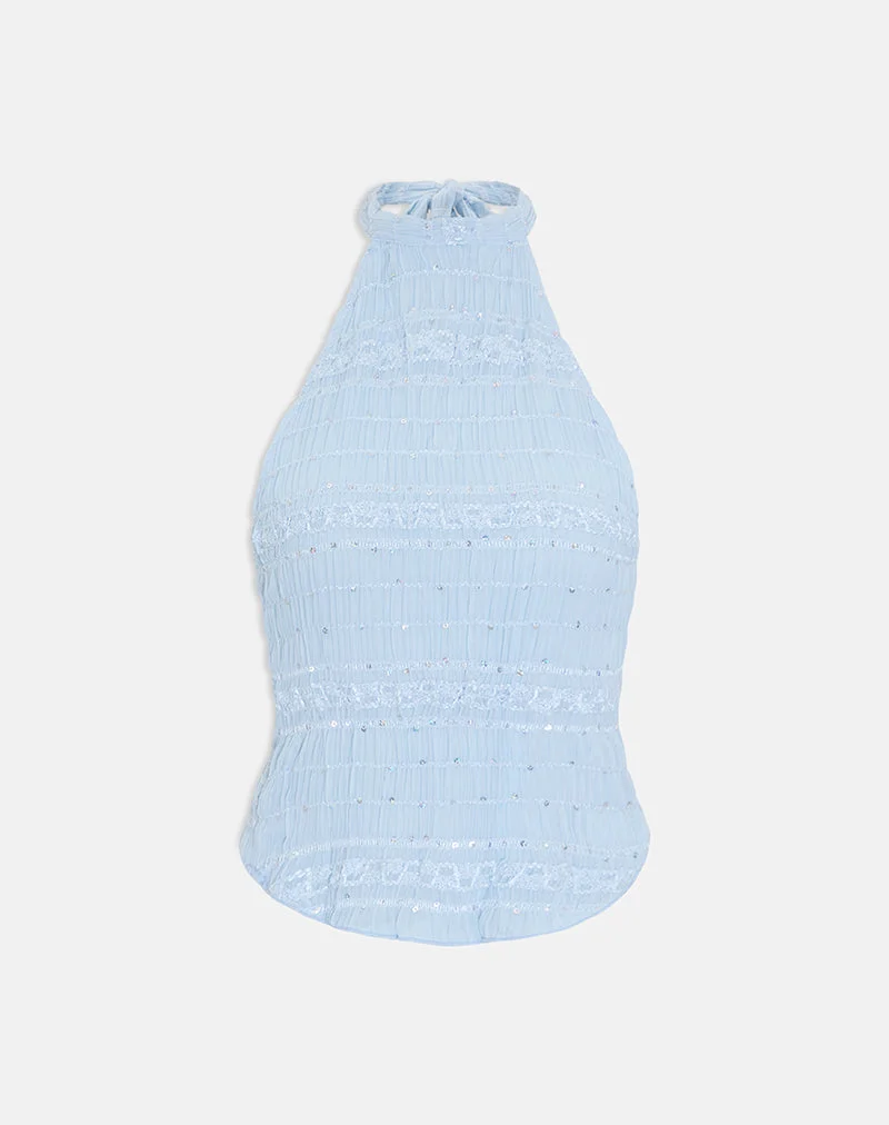 Haut Adisti en maille à paillettes bleu ciel