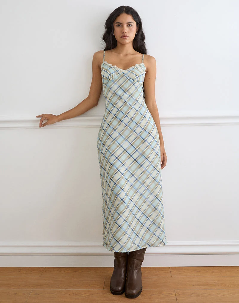 Robe longue Naska en mousseline à carreaux bleu vintage