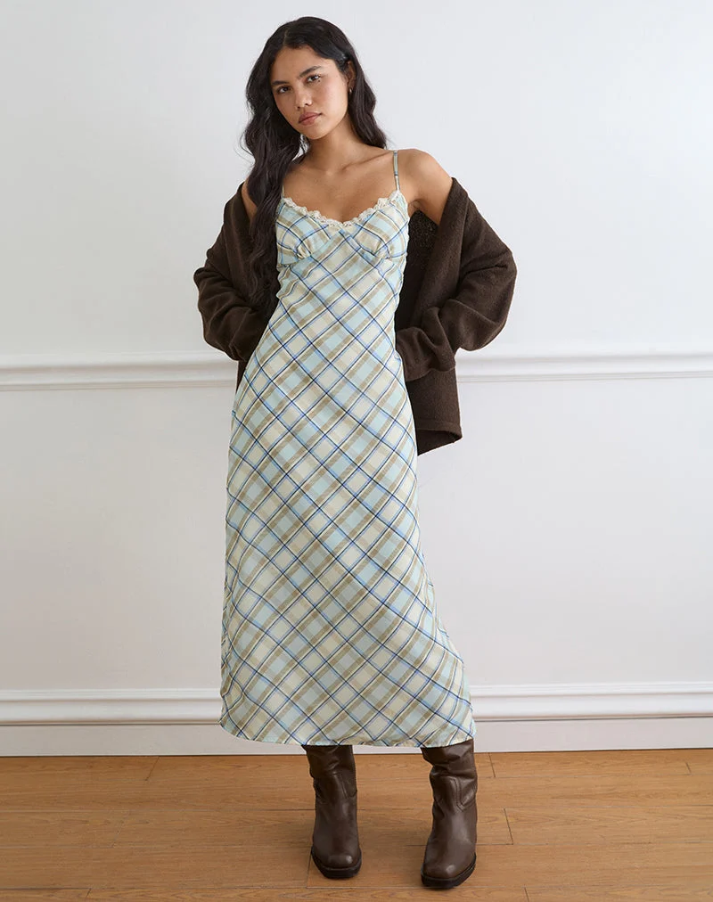 Robe longue Naska en mousseline à carreaux bleu vintage