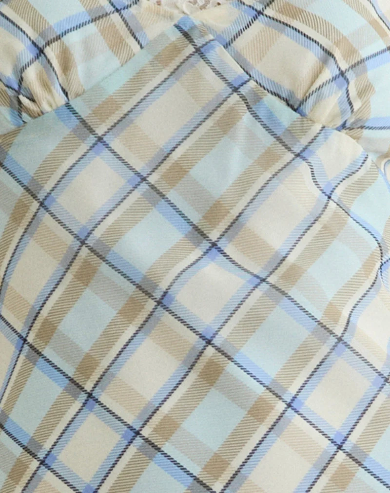 Robe longue Naska en mousseline à carreaux bleu vintage
