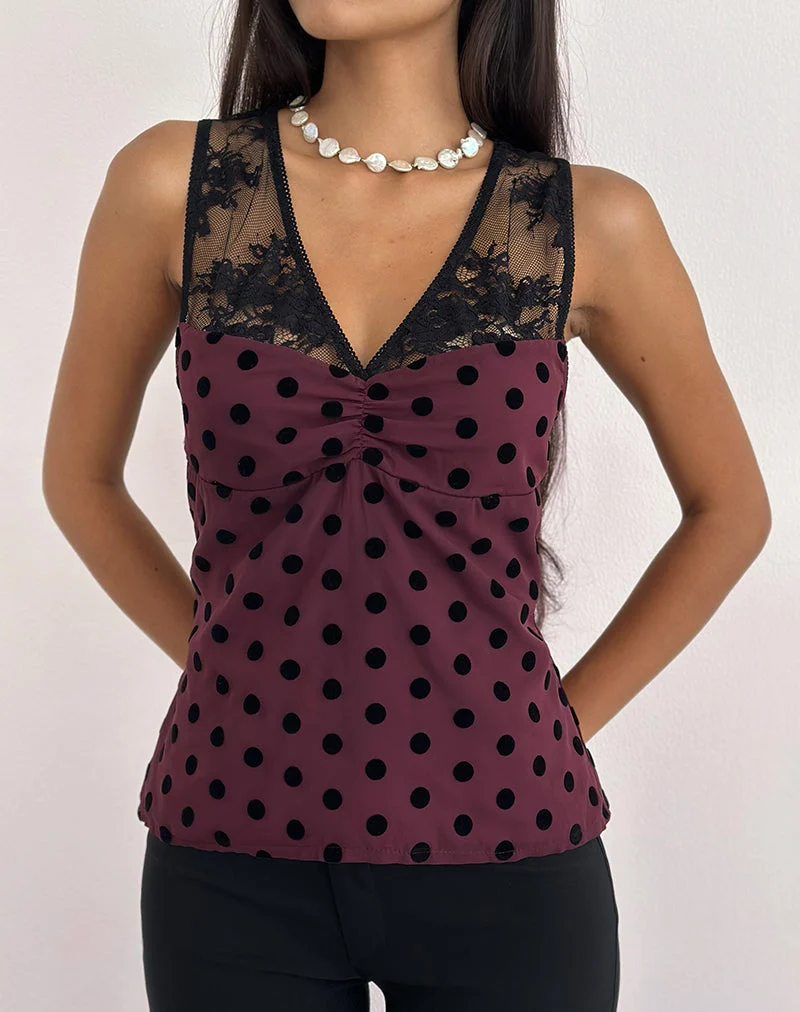Haut à col en V Kasia, motif pois vintage marron