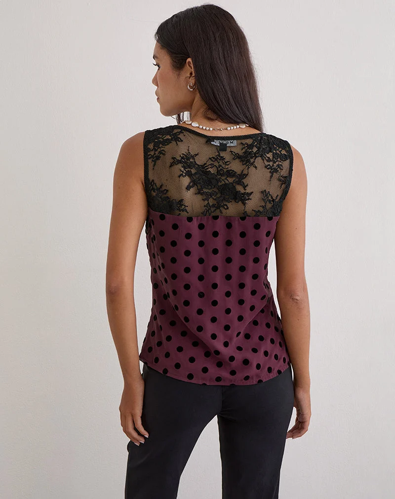 Haut à col en V Kasia, motif pois vintage marron