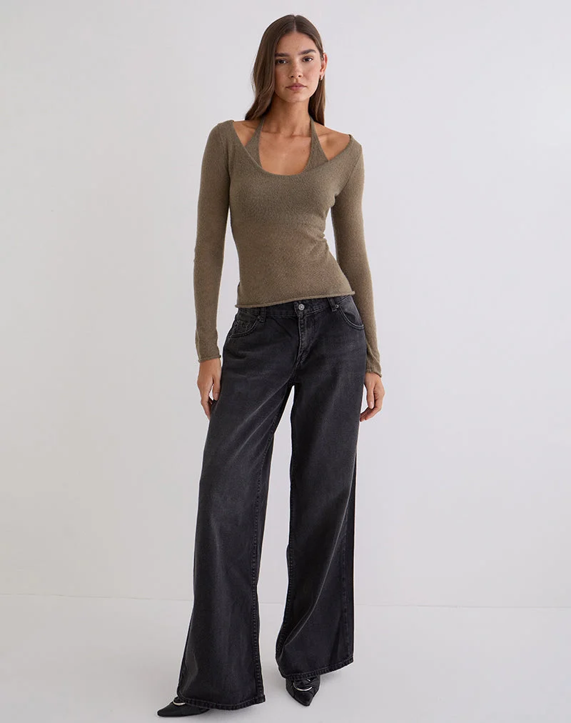 Haut à manches longues Misora en maille transparente couleur taupe