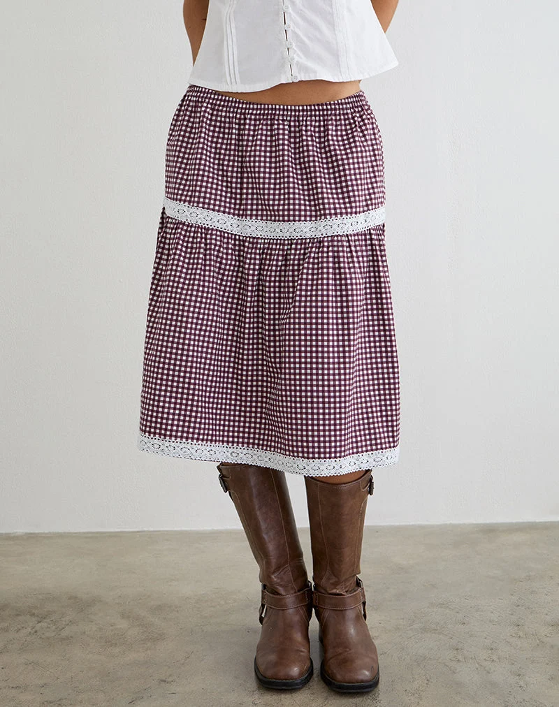 Jupe midi Trixie à petits carreaux vichy, couleur vin