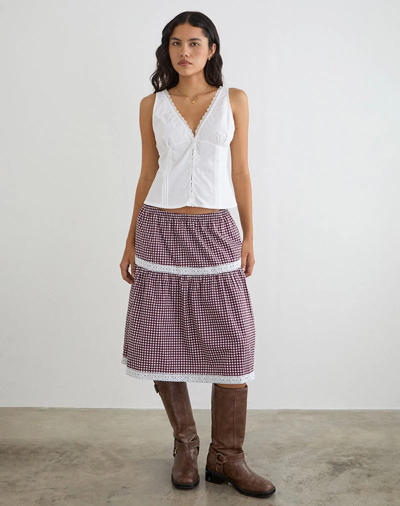 Jupe midi Trixie à petits carreaux vichy, couleur vin