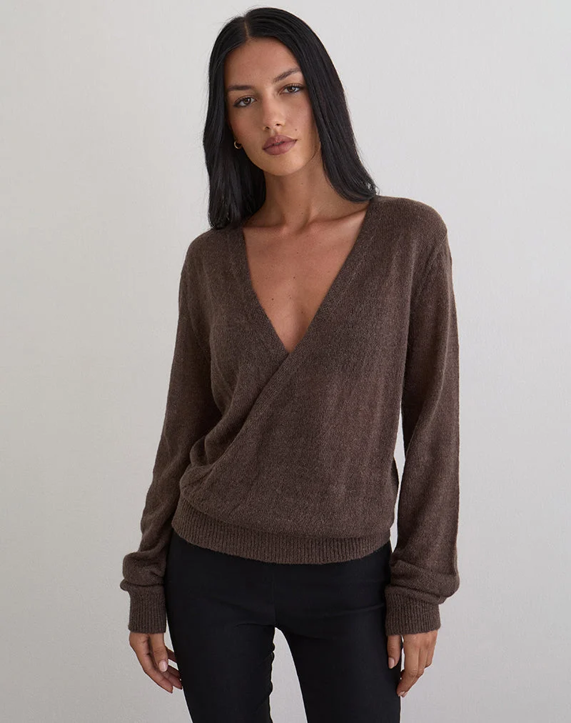 Saroya Plunge Wrap Top in Knit Dark Chocolate (Top enveloppant plongeant en tricot)