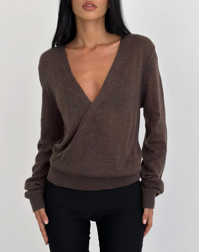 Saroya Plunge Wrap Top in Knit Dark Chocolate (Top enveloppant plongeant en tricot)