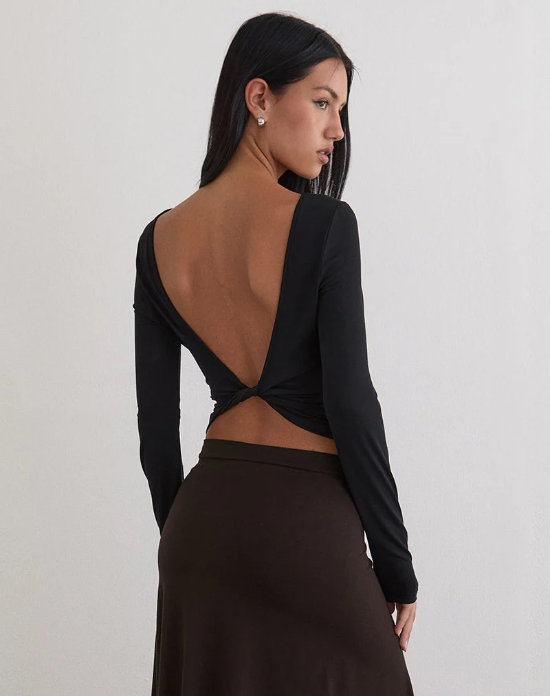 Diya Long Sleeve Twist Back Top in Cupro Black (Top à manches longues et dos torsadé en cupro)