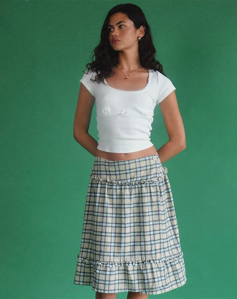 Jupe midi Kasya, tissu écossais bleu pastel