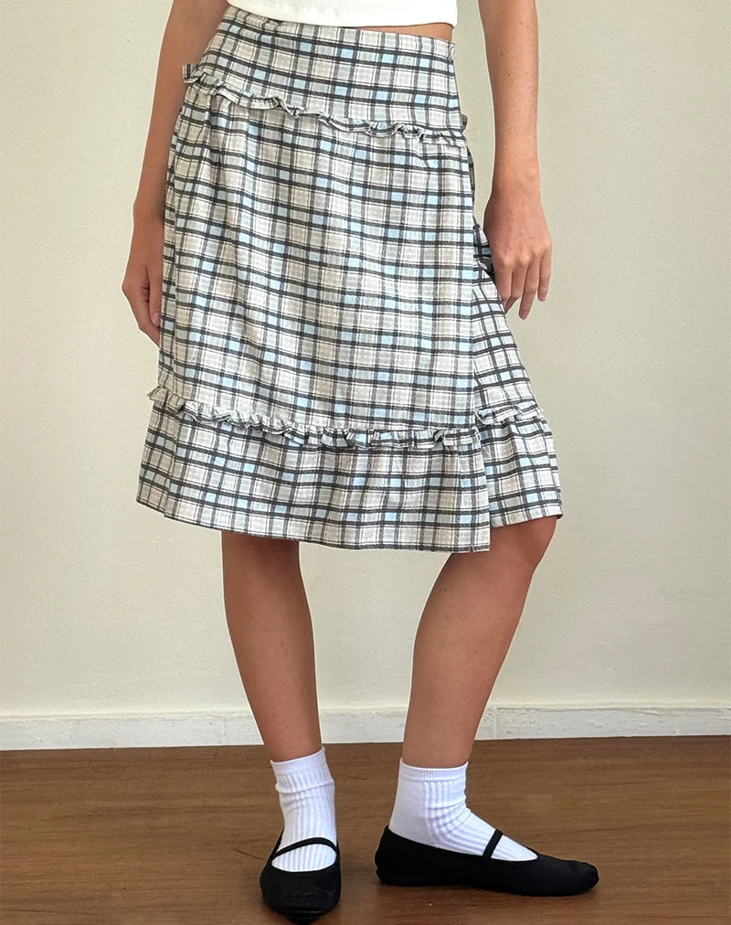 Jupe midi Kasya, tissu écossais bleu pastel