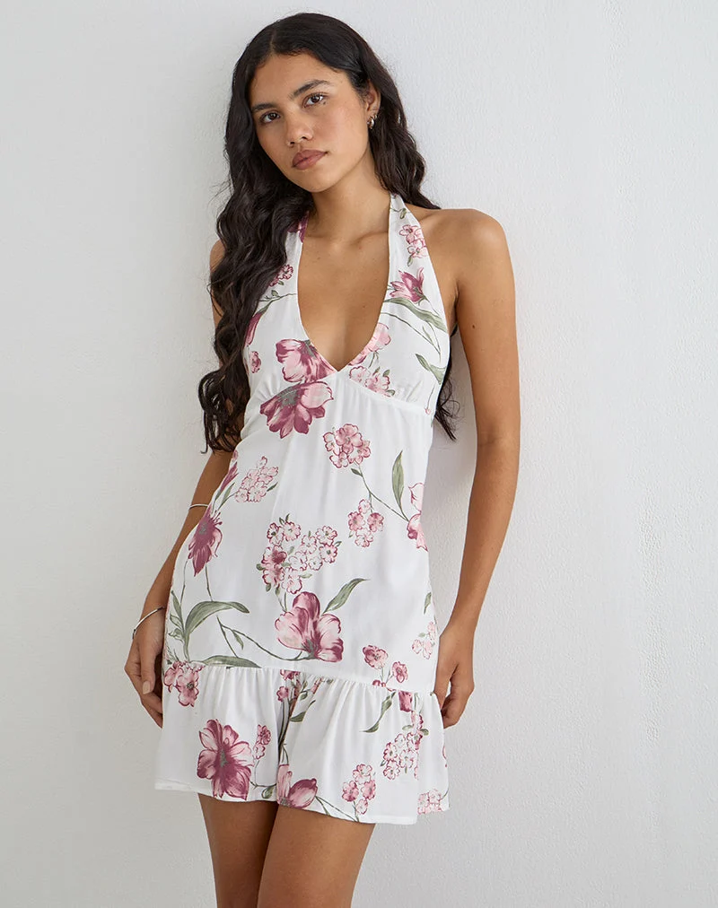 Mini-robe Deliana, motif floral « Femme », blanche
