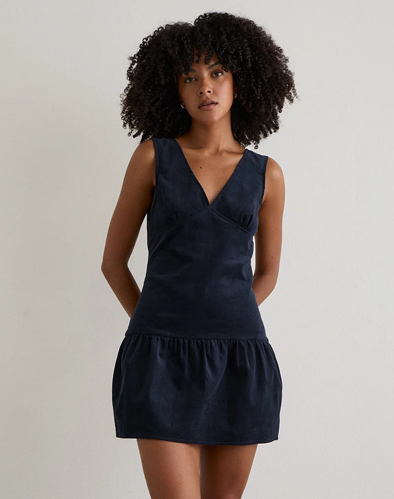 Sarabi Plunge Mini Dress in Cord Navy