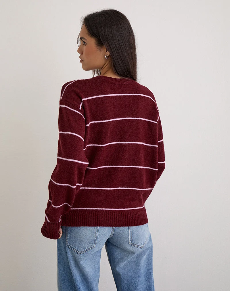 Pull Ishari en tricot bourgogne à rayures roses