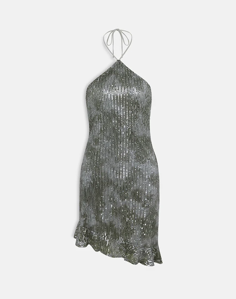 Dikta - Mini robe asymétrique en paillettes vertes et grises
