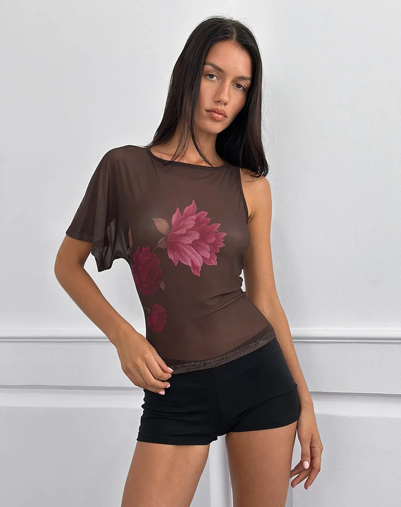 Top asymétrique Balsa en marron avec imprimé de fleurs roses