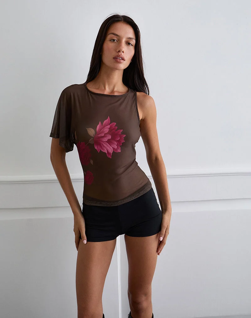 Top asymétrique Balsa en marron avec imprimé de fleurs roses
