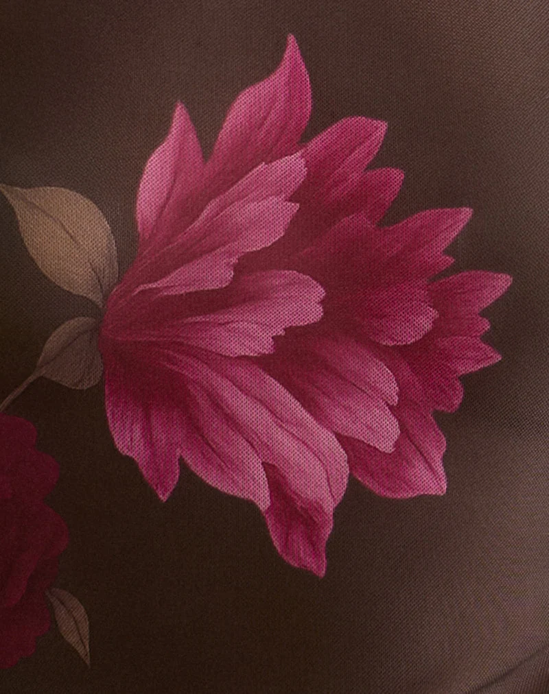 Top asymétrique Balsa en marron avec imprimé de fleurs roses