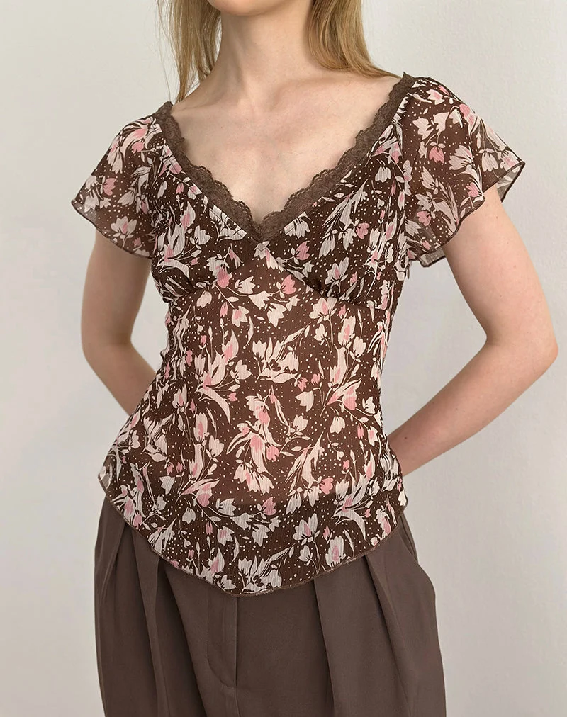 Misaki Top in Chiffon Polka Flower Brown