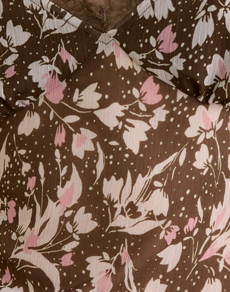 Misaki Top in Chiffon Polka Flower Brown