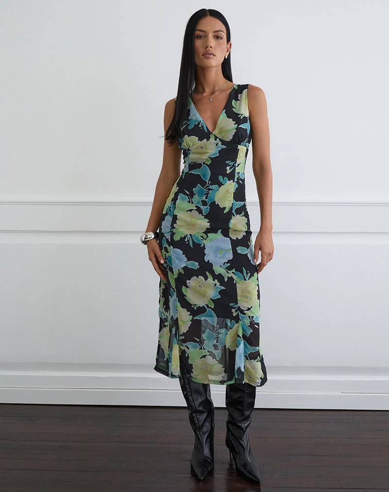 Robe midi Olydia en mousseline noire avec imprimé fleurs en cristal