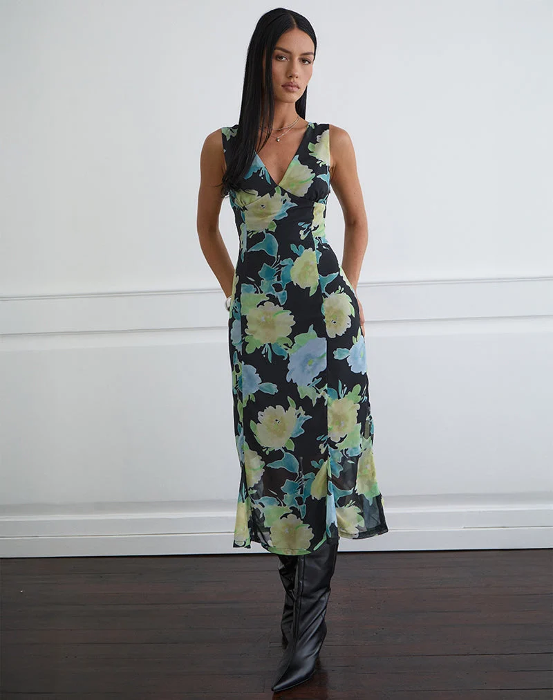 Robe midi Olydia en mousseline noire avec imprimé fleurs en cristal
