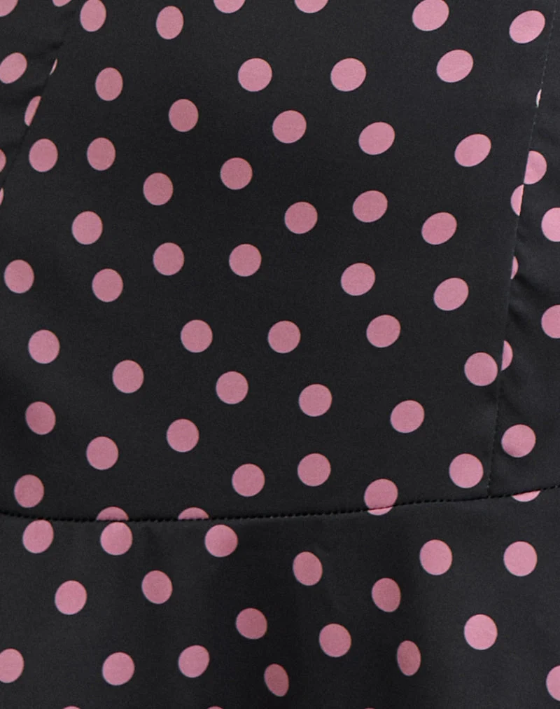 Mini-robe Maribel en satin noir parsemé de pois roses