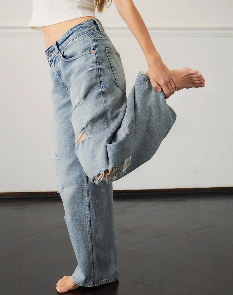 Jean ample à taille basse en Extreme Rip Vintage Blue