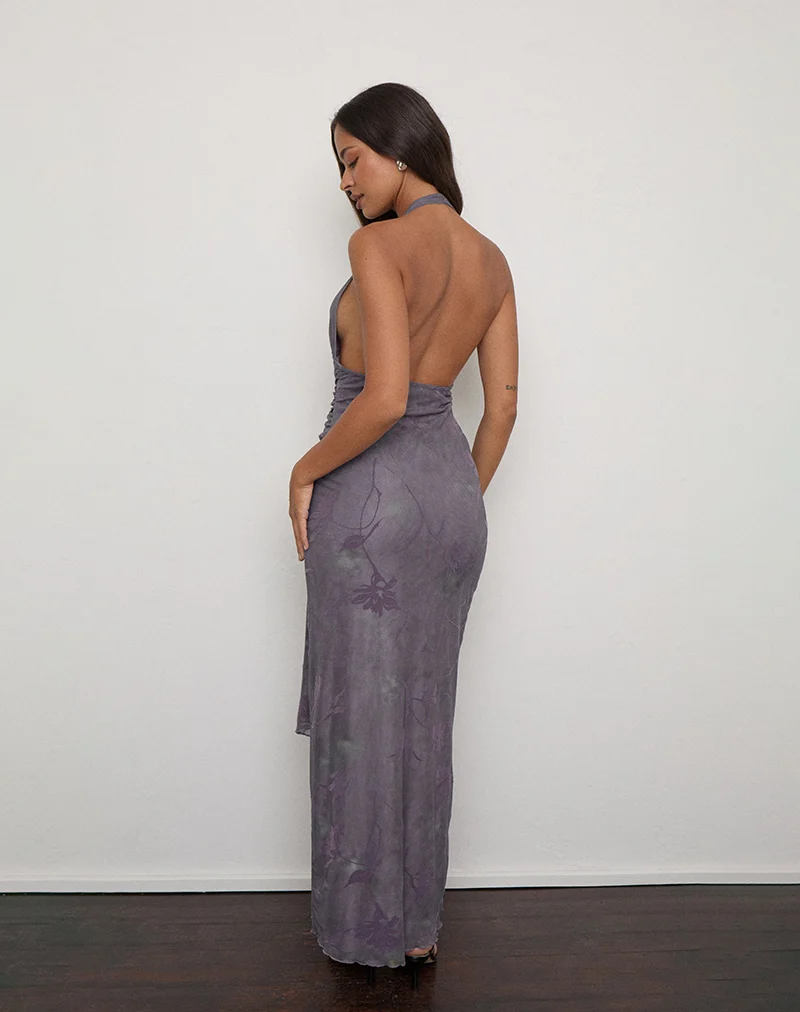 Robe longue à col licou Rokoyo, modèle « Flare Flower » violet