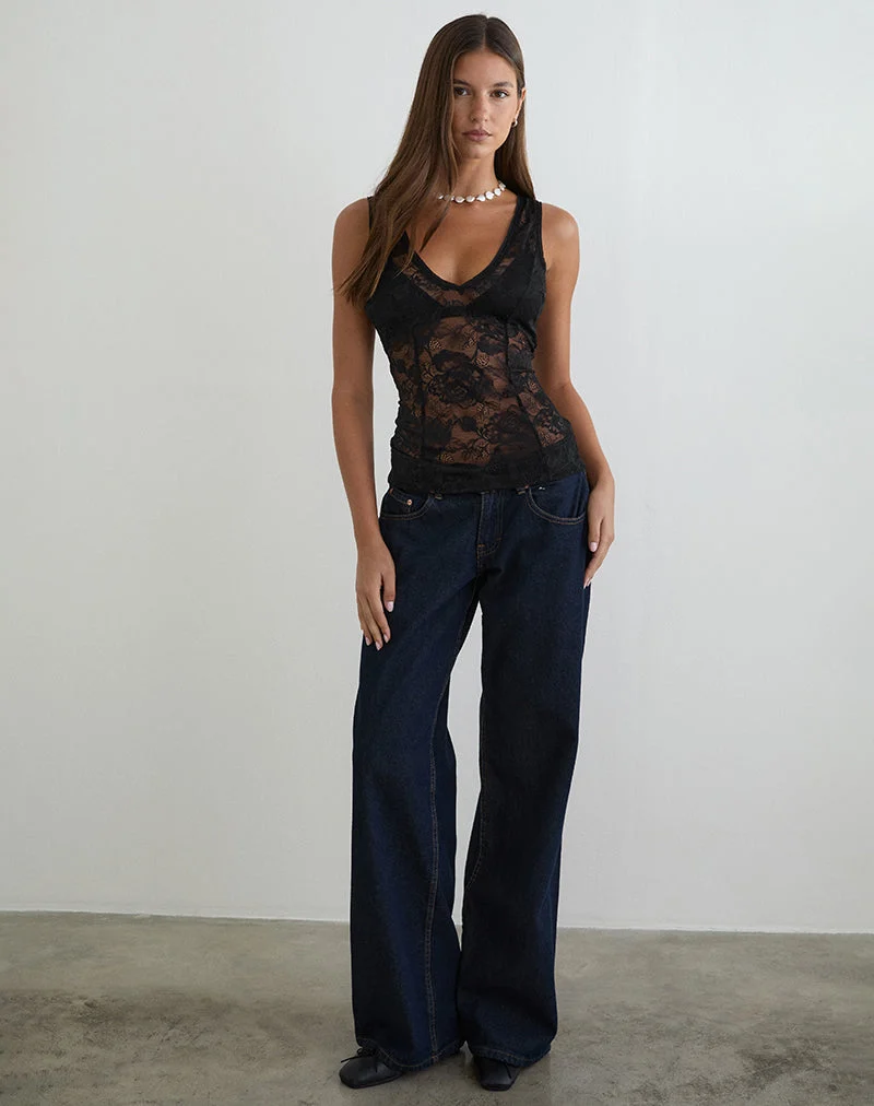 Haut Yoren noir avec bordure en dentelle picot