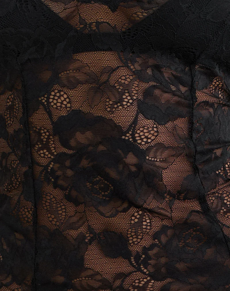 Haut Yoren noir avec bordure en dentelle picot