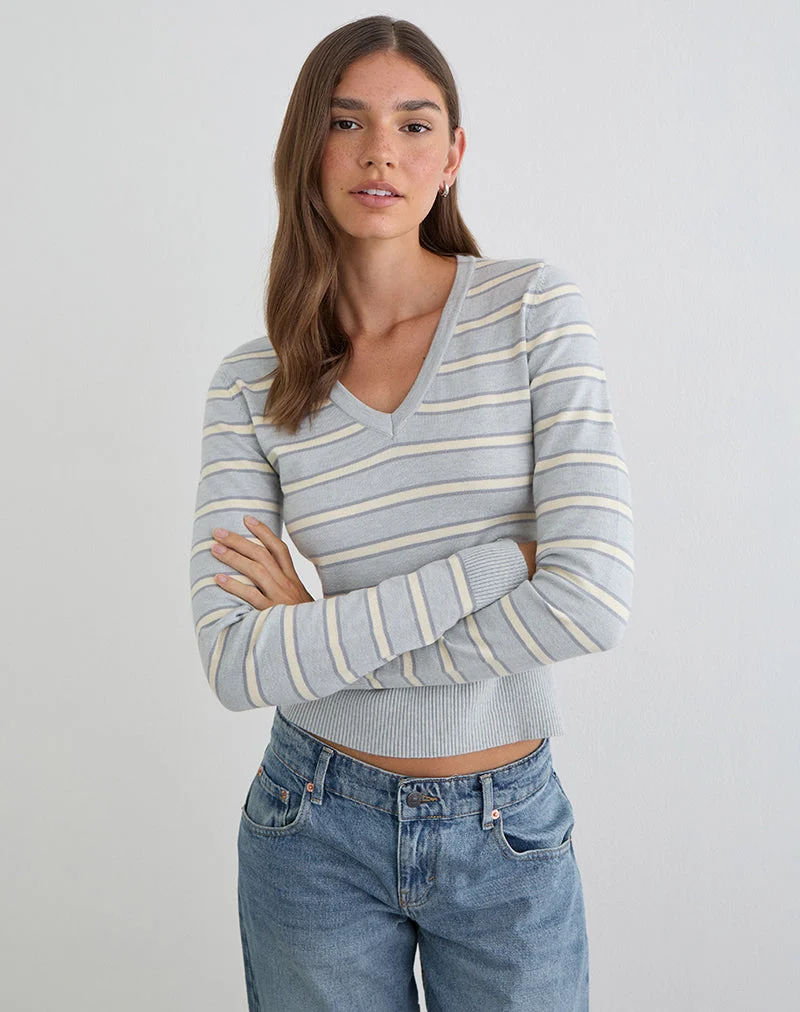 Pull Yasra en maille rayée crème et gris