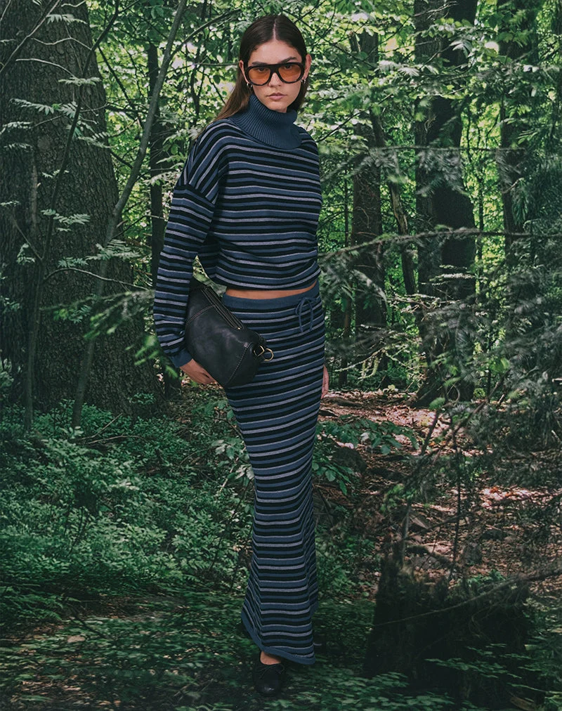 Jupe longue Tarmina en maille rayée bleue et grise
