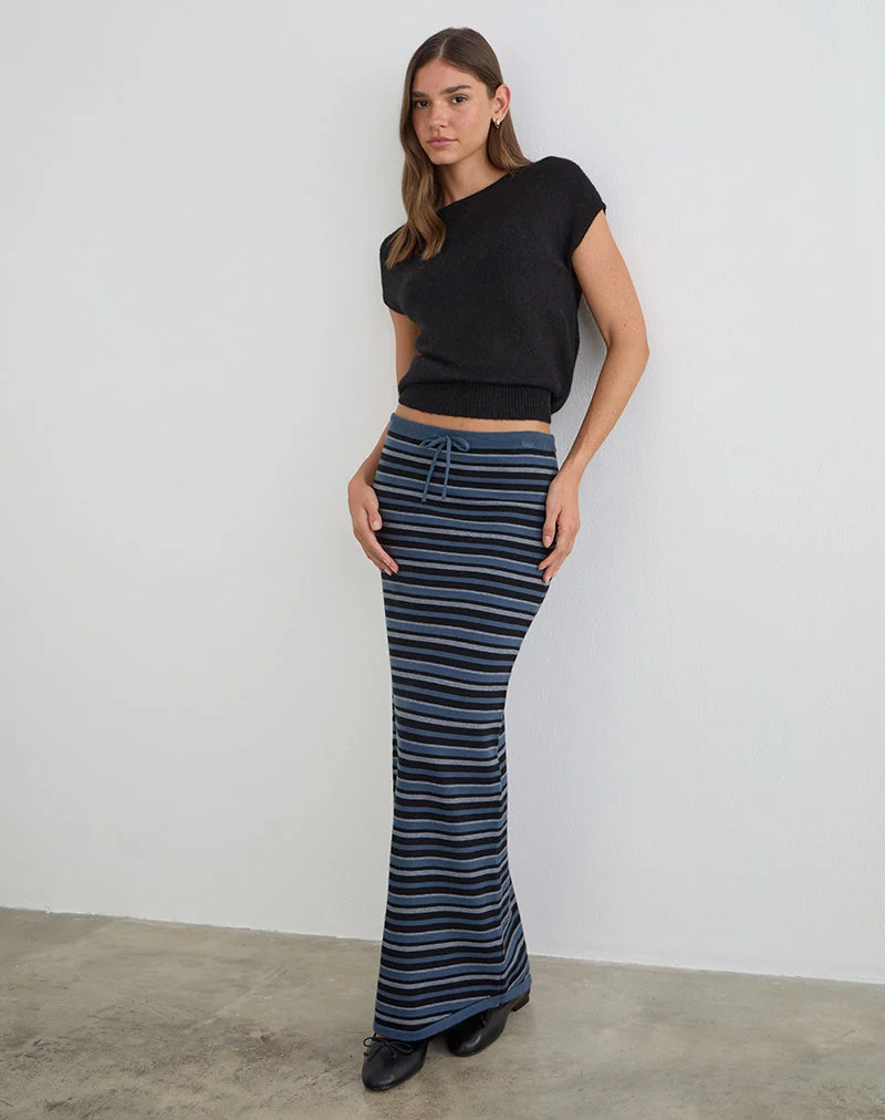 Jupe longue Tarmina en maille rayée bleue et grise