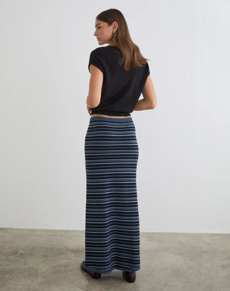 Jupe longue Tarmina en maille rayée bleue et grise