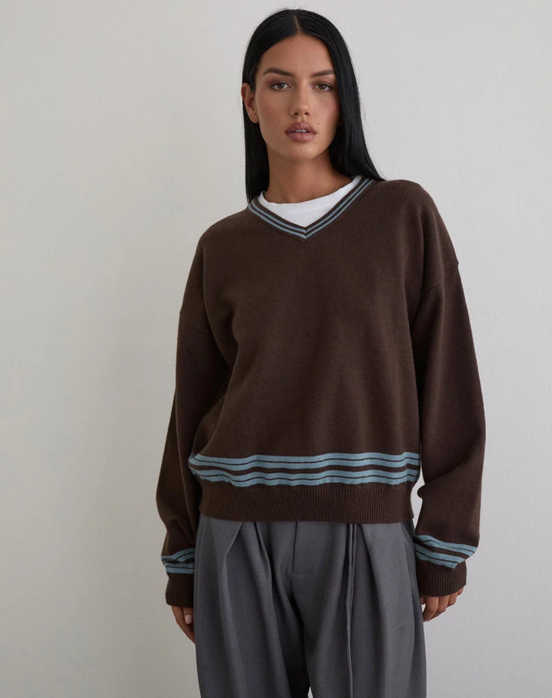 Pull ample à col en V Yarnia, marron et bleu