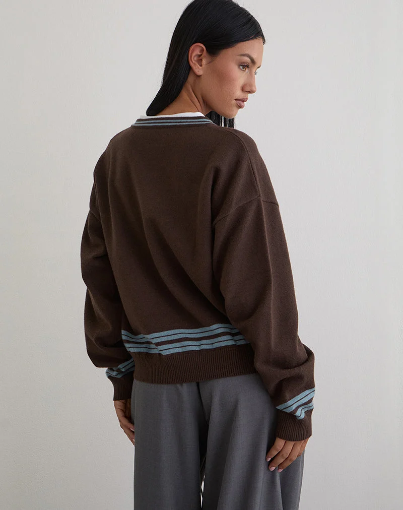 Pull ample à col en V Yarnia, marron et bleu