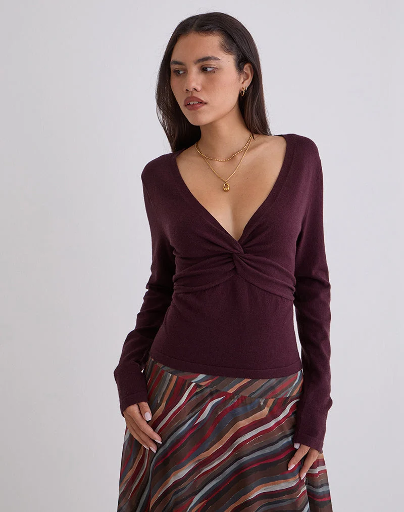 Haut à manches longues torsadé Yenari en tricot prune