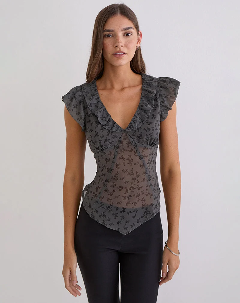 Haut Paquita en mousseline à fleurs minimalistes gris foncé