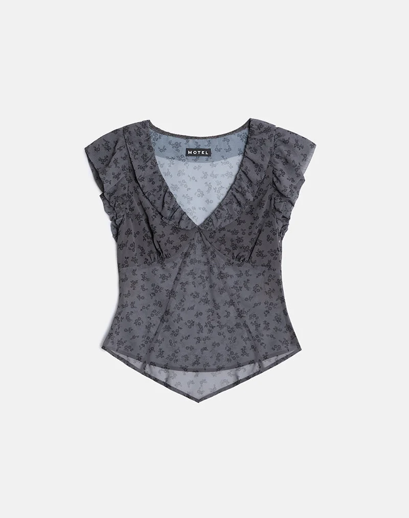 Haut Paquita en mousseline à fleurs minimalistes gris foncé