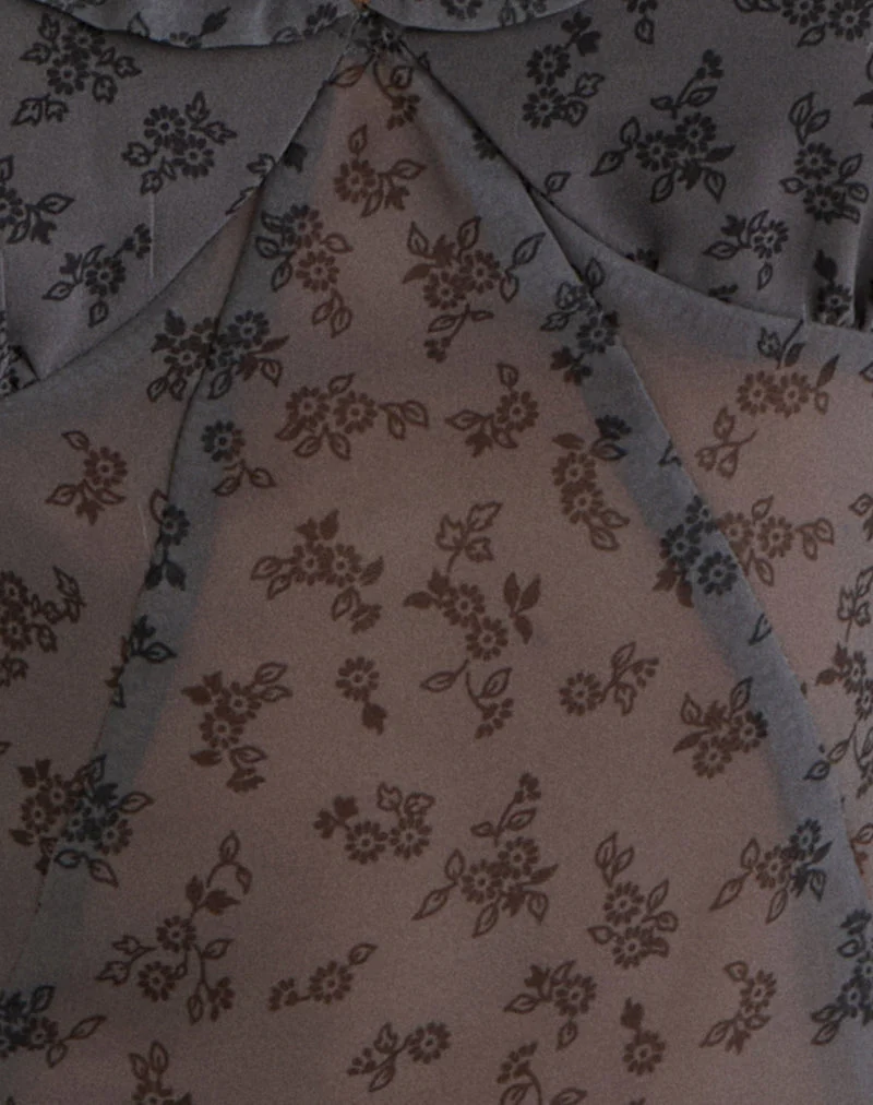 Haut Paquita en mousseline à fleurs minimalistes gris foncé