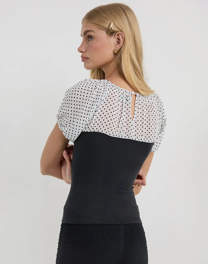 Naria Top in Chiffon White Basic Polka Black
