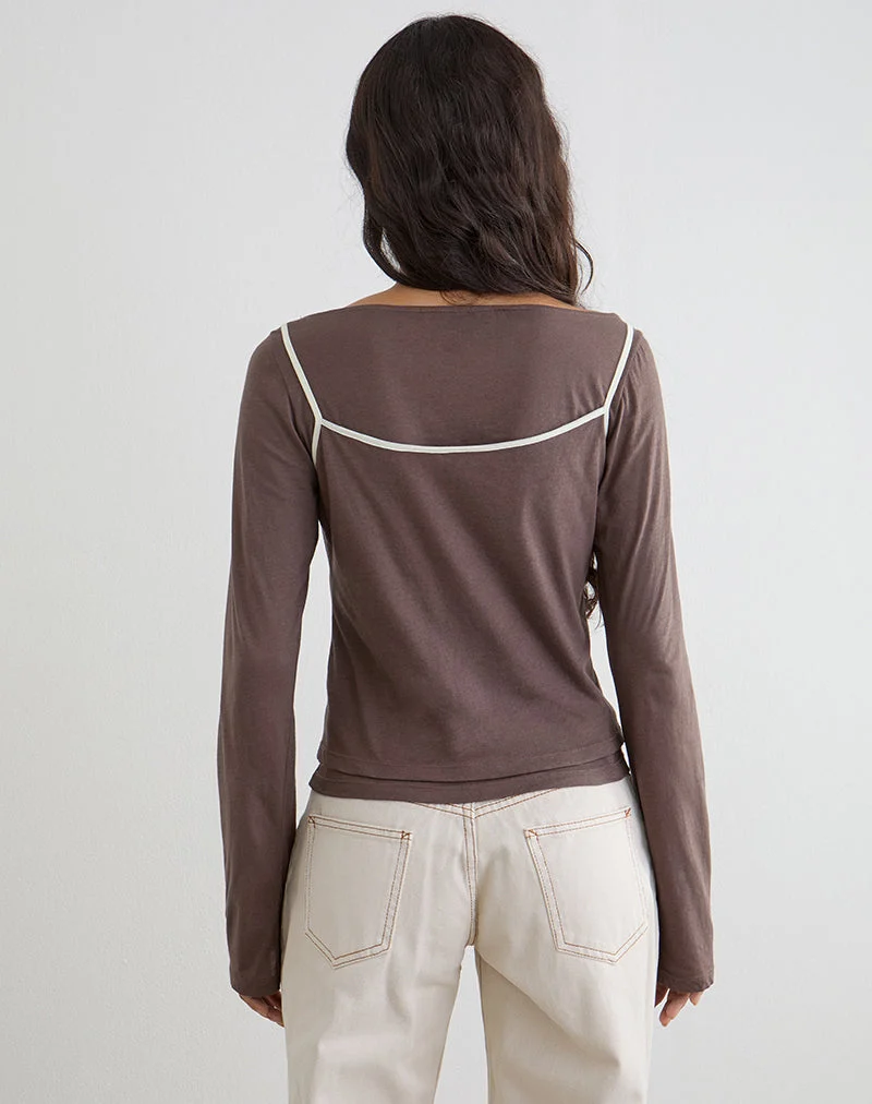 Haut à manches longues Laken, couleur « Walnut », avec bordure « Vanilla Ice »