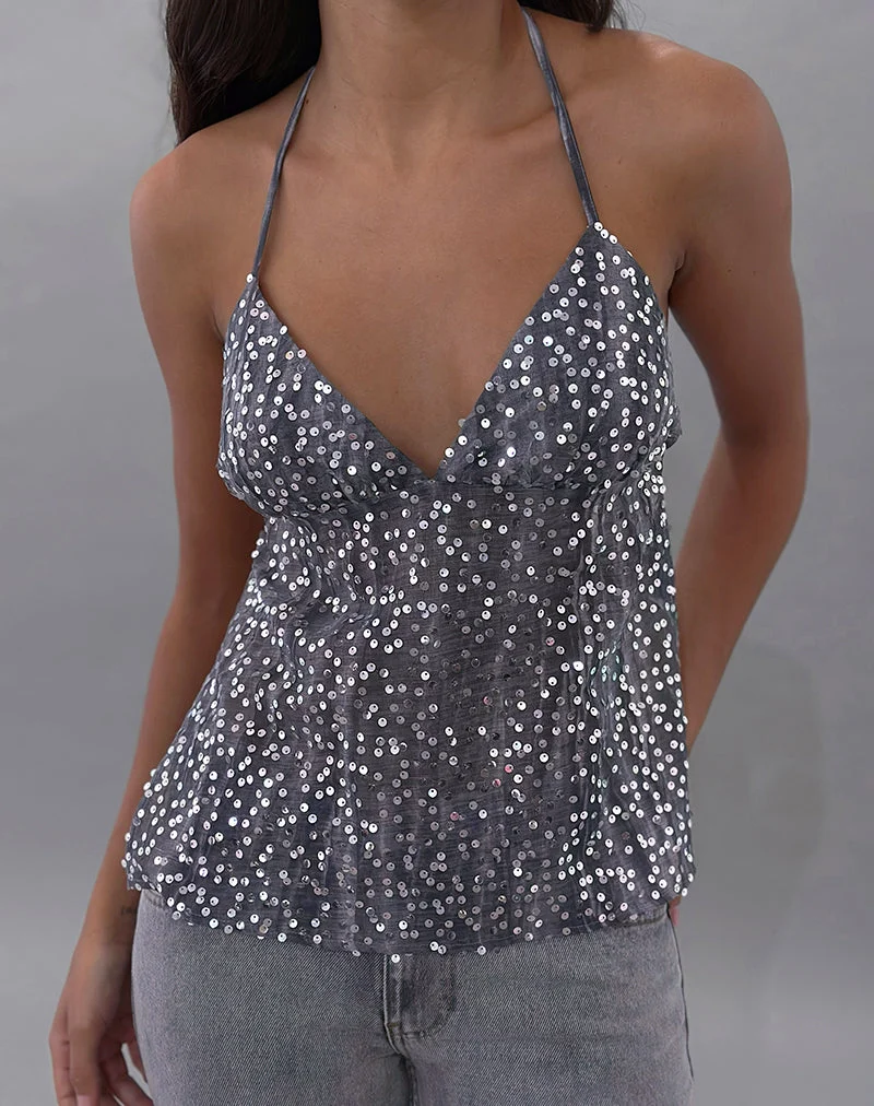 Rafina Halter Top in Chiffon Sequin Grey