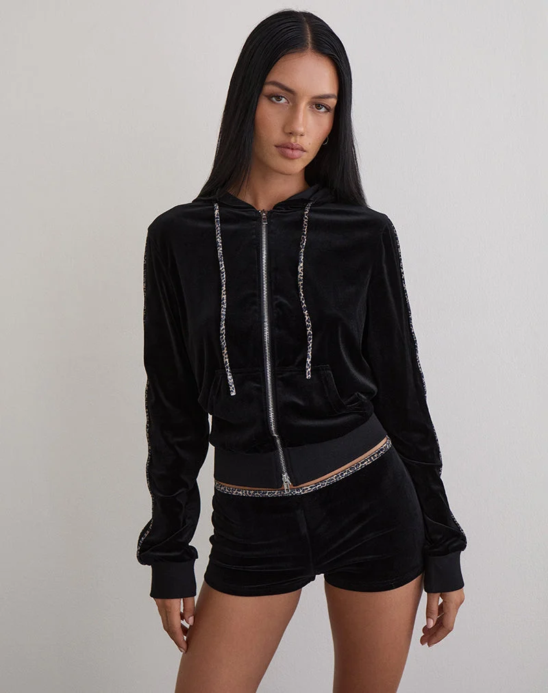 Short Nakoa à la taille en noir avec bordure en léopard Rar